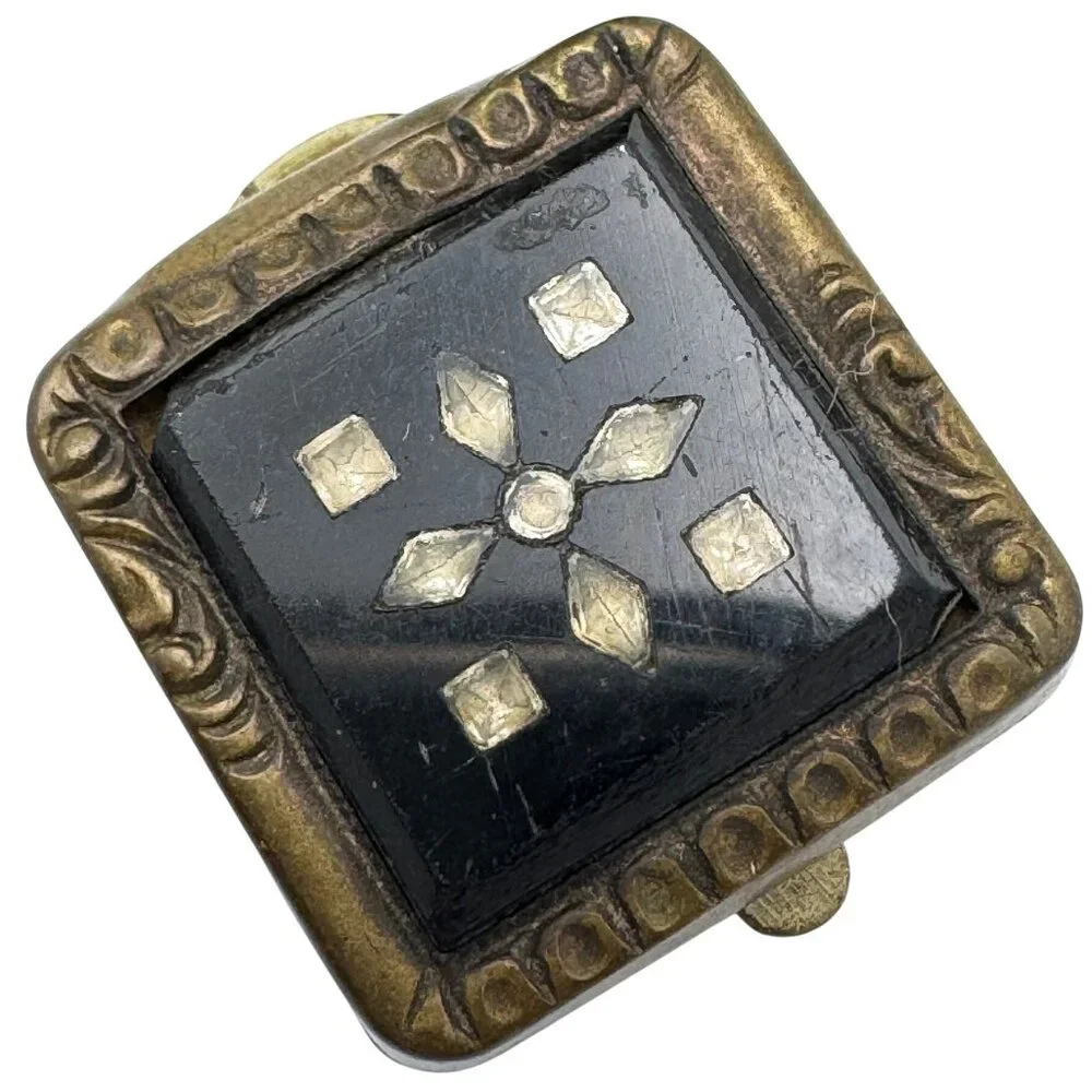Brass & Black Enamel Cufflinks With Inlaid Floral Design Finger Prong Vintage